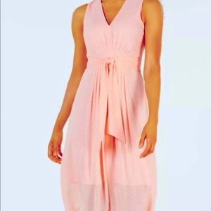 Anne Klein Dress Pleated Midi Dot Print Pink Sz 10 NEW NWT